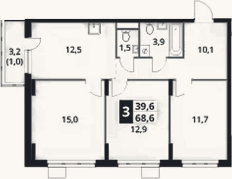 Планировка: 3-к, 67,6 м²