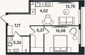 Планировка: 2-к, 49,5 м²