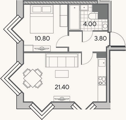 Планировка: 2-к, 40 м²