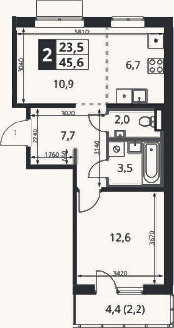 Планировка: 2-к, 44,1 м²