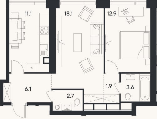 Планировка: 2-к, 56,4 м²