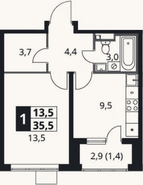 Планировка: 1-к, 34,1 м²