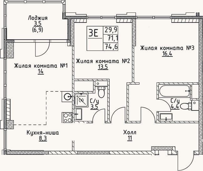 Планировка: 3-к, 71,1 м²