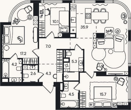 Планировка: 4+ к, 106,8 м²