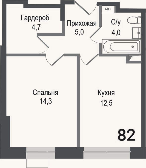 Планировка: 1-к, 40,5 м²