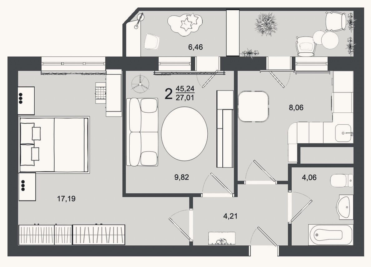Планировка: 2-к, 43,3 м²