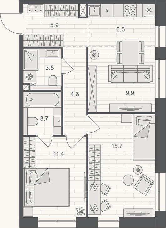 Планировка: 3-к, 61,2 м²