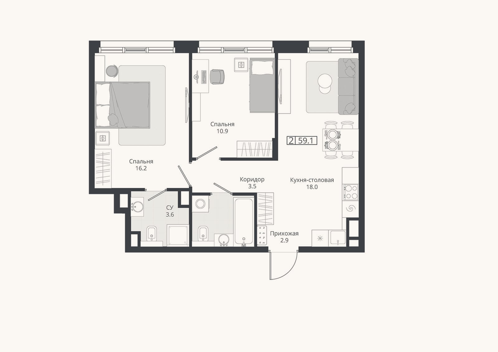 Планировка: 3-к, 59,1 м²