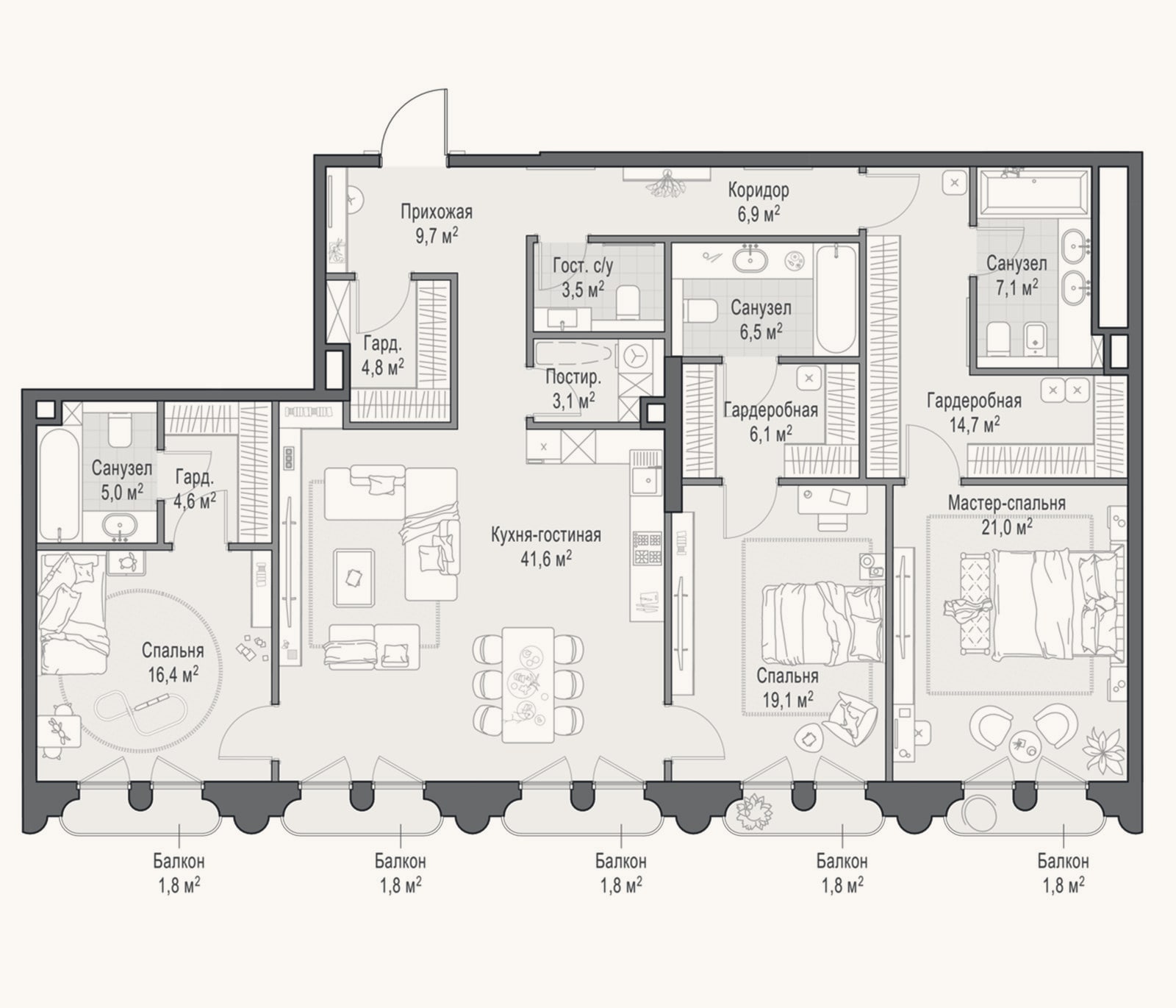 Планировка: 4+ к, 174,5 м²