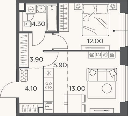 Планировка: 2-к, 43,2 м²