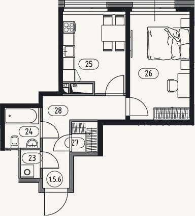 Планировка: 1-к, 44,6 м²