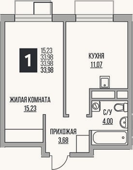 Планировка: 1-к, 34 м²