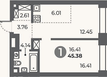 Планировка: 1-к, 45,4 м²