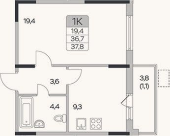Планировка: 1-к, 36,7 м²
