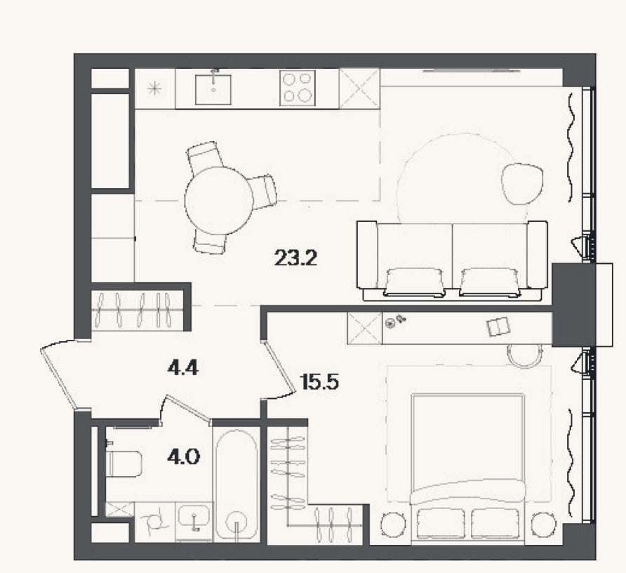 Планировка: 2-к, 45,6 м²