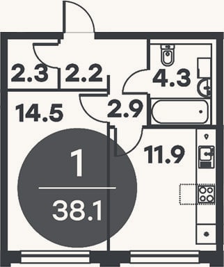 Планировка: 1-к, 38,1 м²