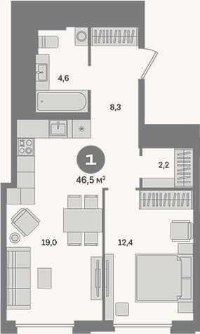 Планировка: 1-к, 46,5 м²