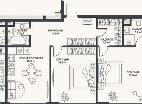 Планировка: 3-к, 73,3 м²