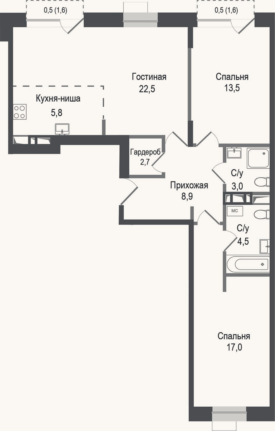 Планировка: 3-к, 77 м²