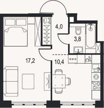 Планировка: 1-к, 35,4 м²