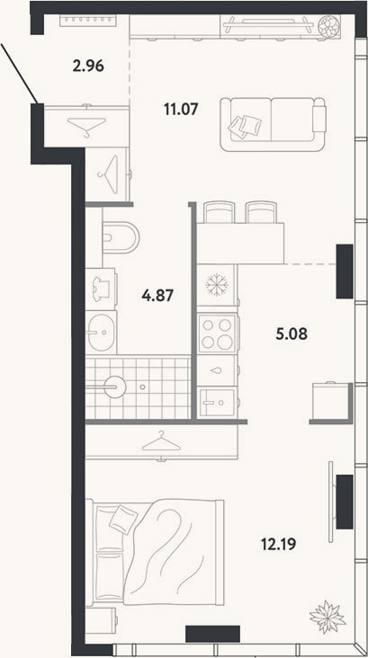 Планировка: 1-к, 36,2 м²