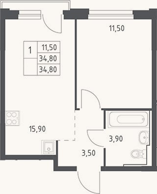 Планировка: 2-к, 34,8 м²