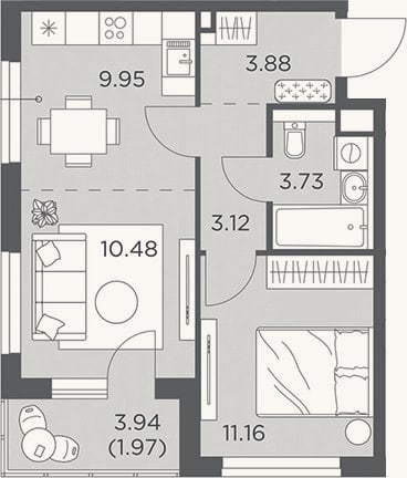 Планировка: 2-к, 42,3 м²