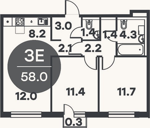 Планировка: 3-к, 57,7 м²