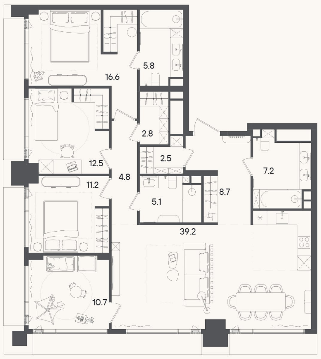 Планировка: 4+ к, 127,1 м²