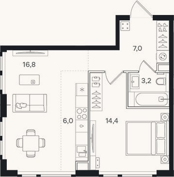 Планировка: 2-к, 47,4 м²