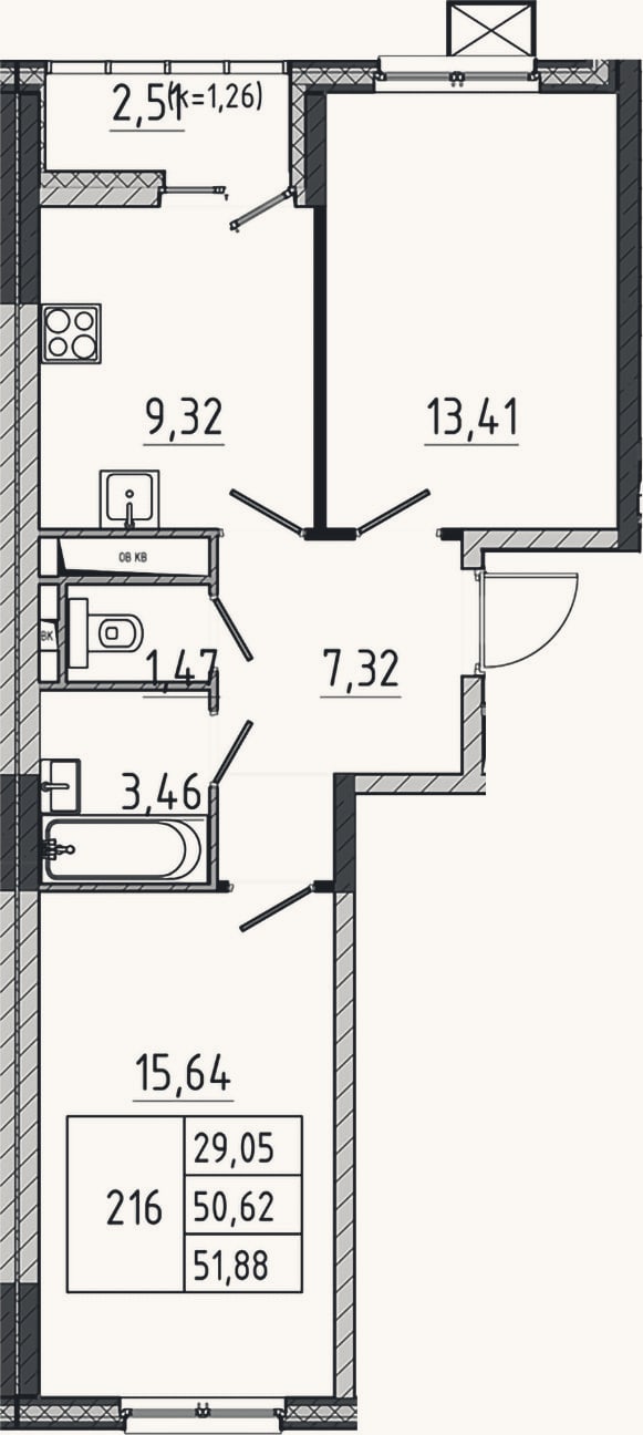 Планировка: 2-к, 50,6 м²