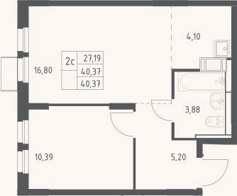 Планировка: 2-к, 40,4 м²