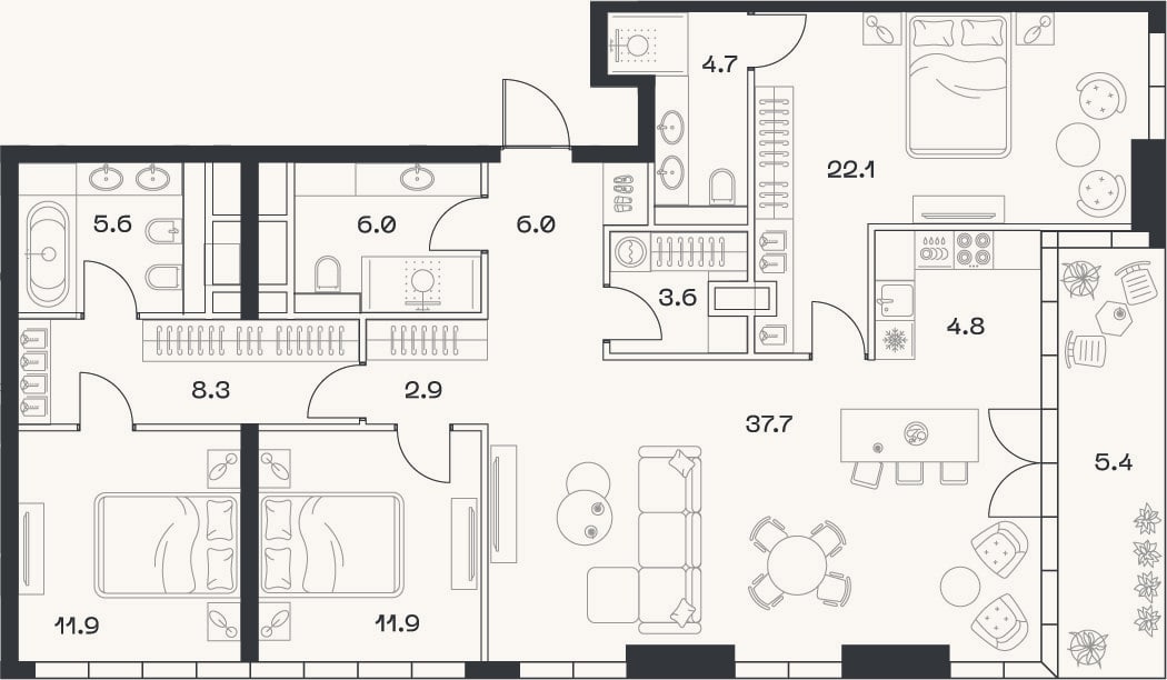 Планировка: 4+ к, 125,4 м²