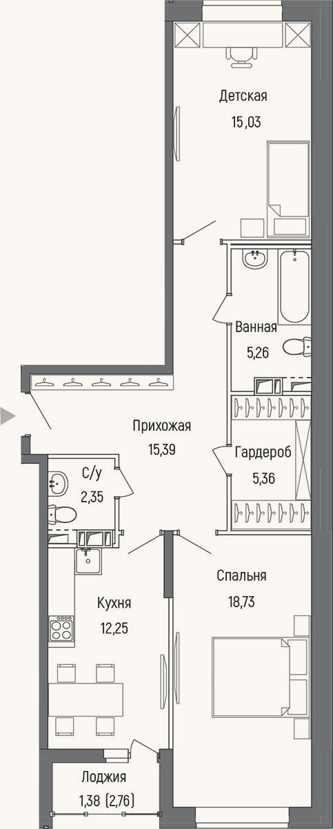 Планировка: 2-к, 73 м²