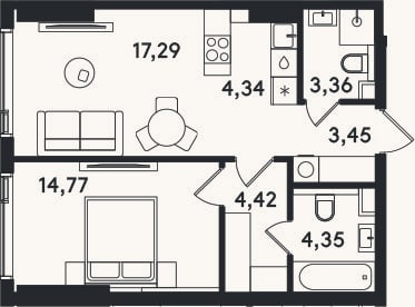 Планировка: 2-к, 52 м²