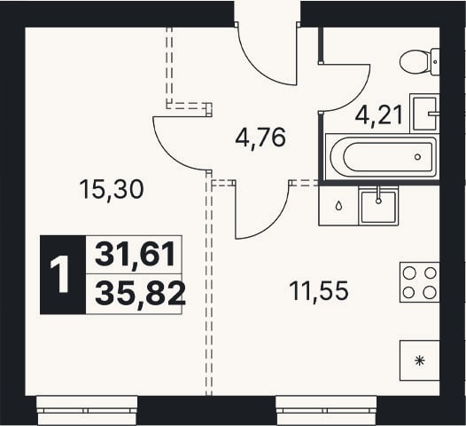 Планировка: 1-к, 35,8 м²