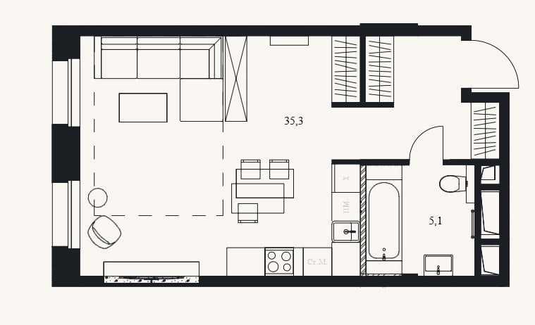 Планировка: Студия, 40,4 м²