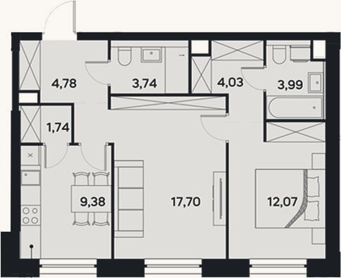 Планировка: 2-к, 57,4 м²