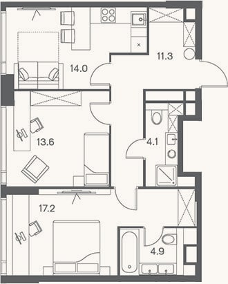 Планировка: 2-к, 65,1 м²