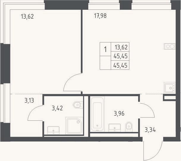 Планировка: 2-к, 45,5 м²