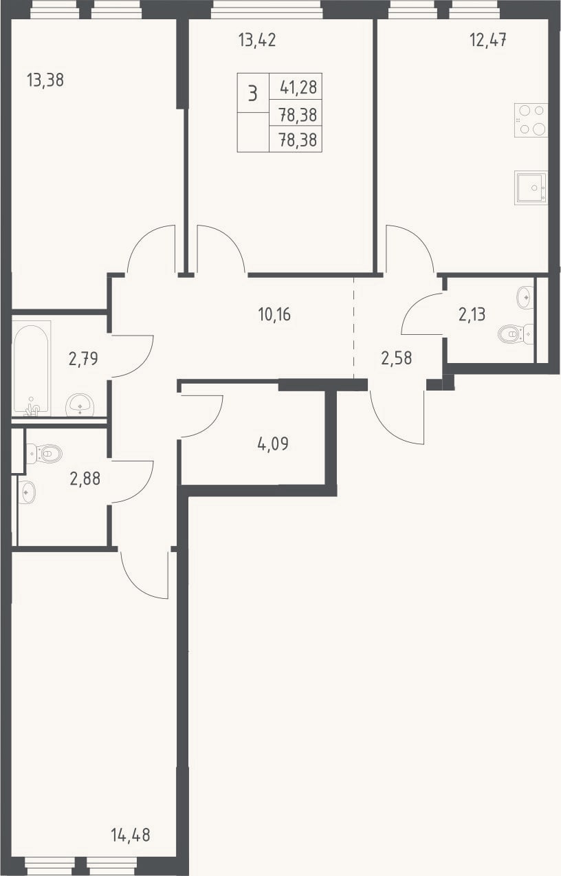 Планировка: 3-к, 78,4 м²