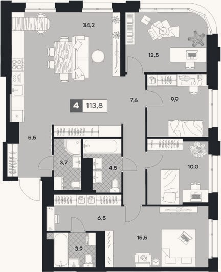 Планировка: 4+ к, 113,8 м²