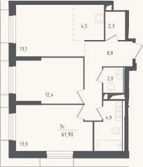 Планировка: 3-к, 61,9 м²