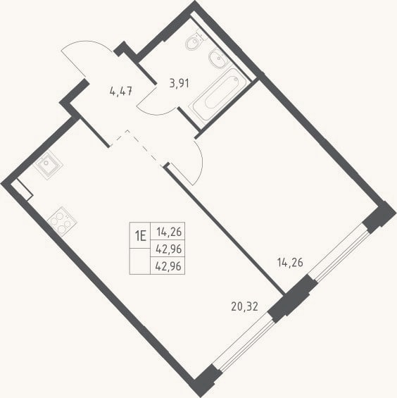 Планировка: 2-к, 43 м²