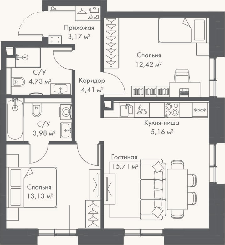 Планировка: 3-к, 62,7 м²