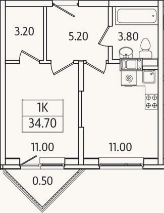 Планировка: 1-к, 34,2 м²
