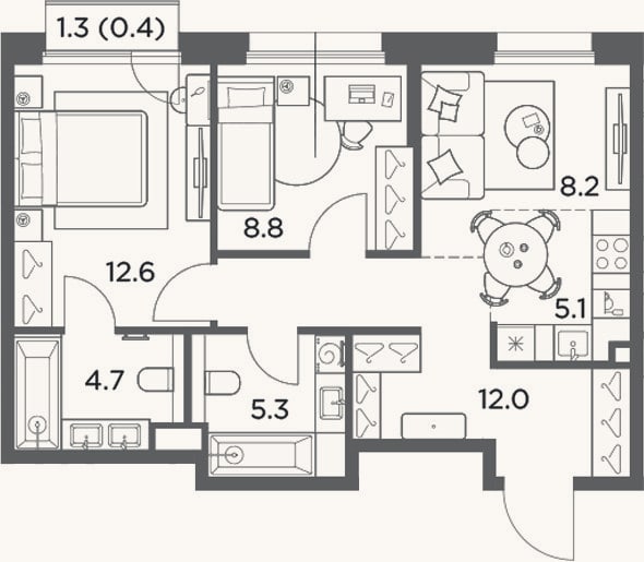 Планировка: 3-к, 56,7 м²