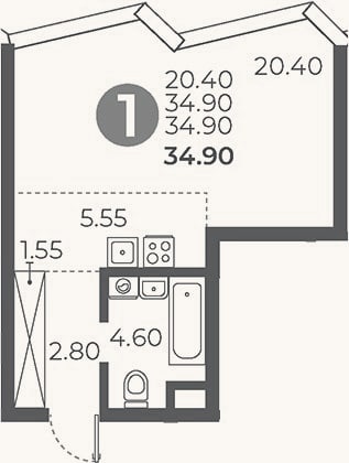 Планировка: Студия, 34,9 м²
