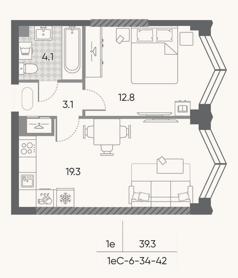 Планировка: 2-к, 39,3 м²