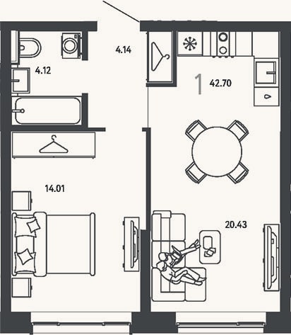 Планировка: 1-к, 42,7 м²